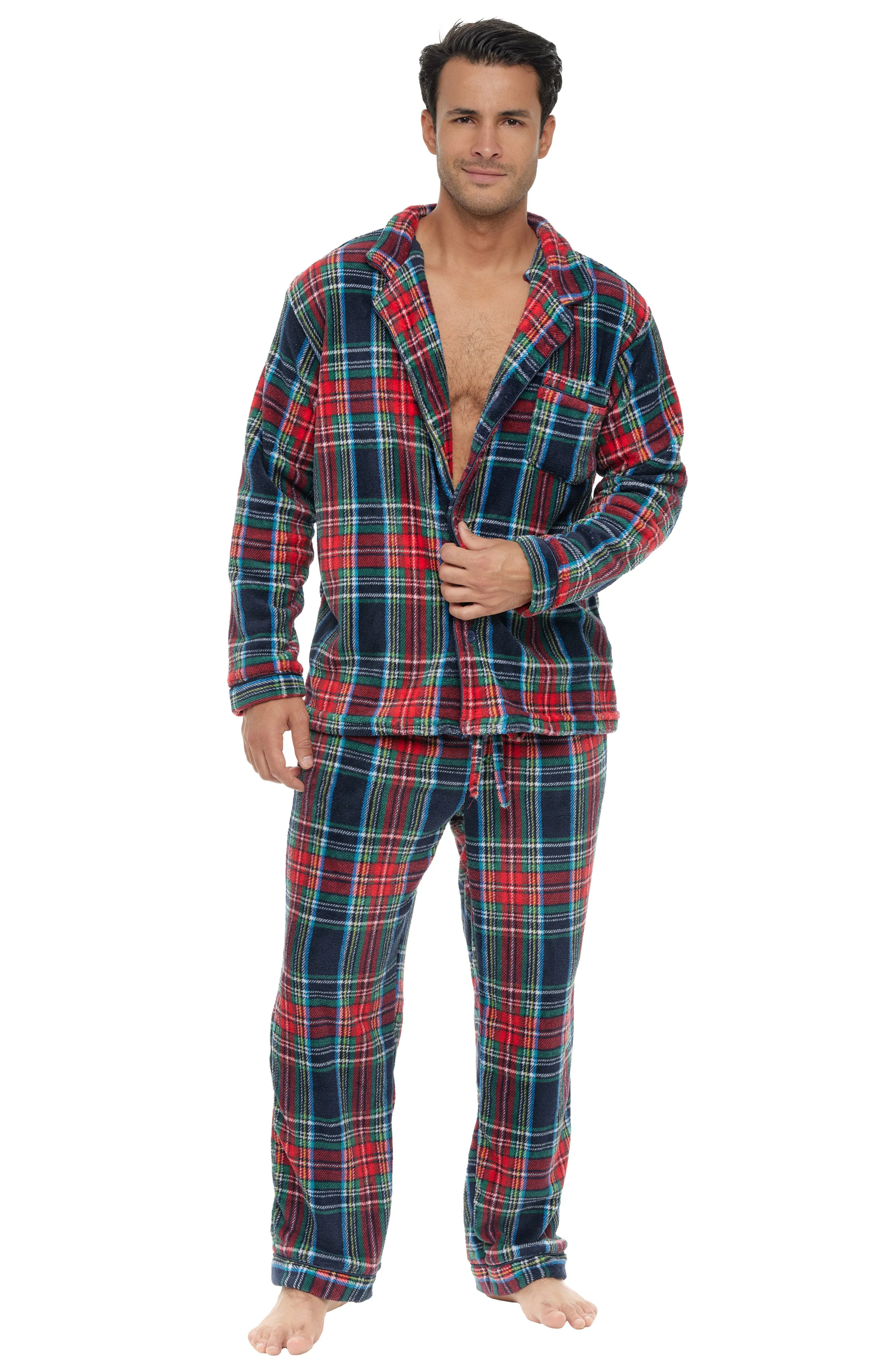Men's Plush Fleece Pajamas Set, Button Down PJs for Winter