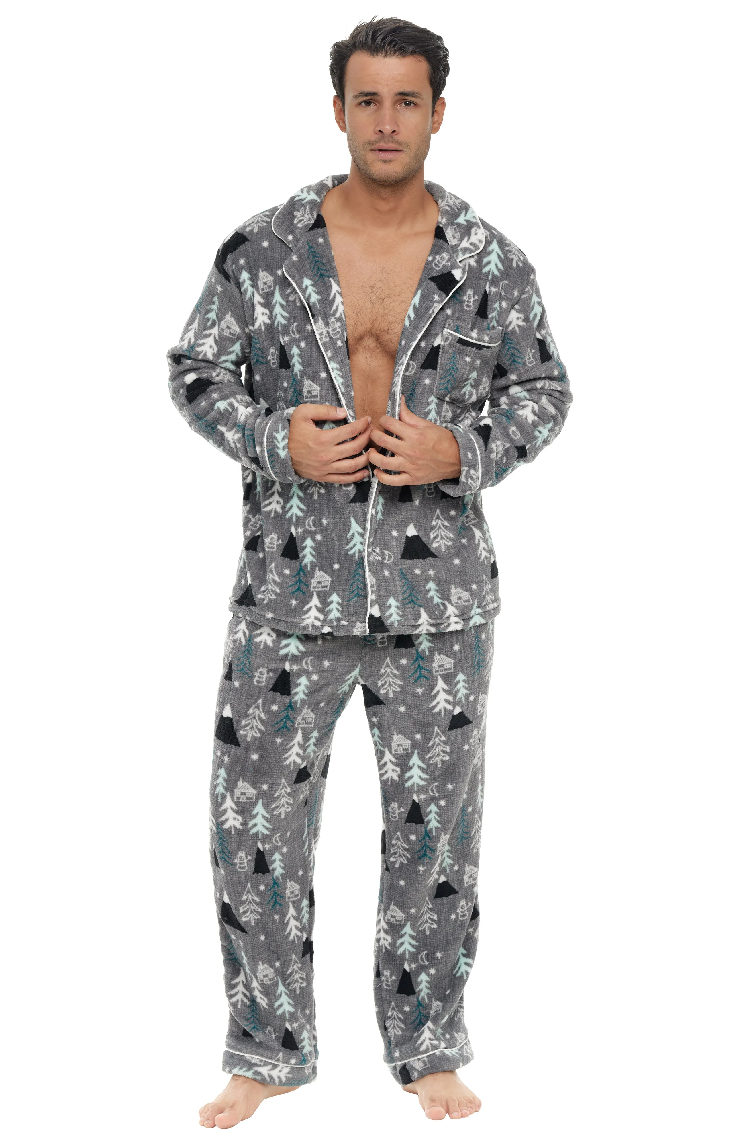 Men's Plush Fleece Pajamas Set, Button Down PJs for Winter