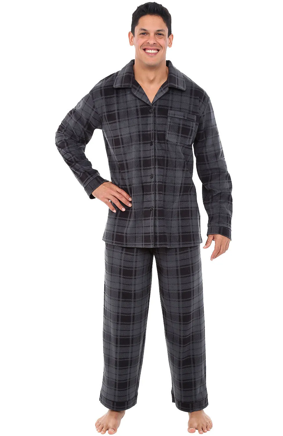 Men's Plush Fleece Pajamas Set, Button Down PJs for Winter