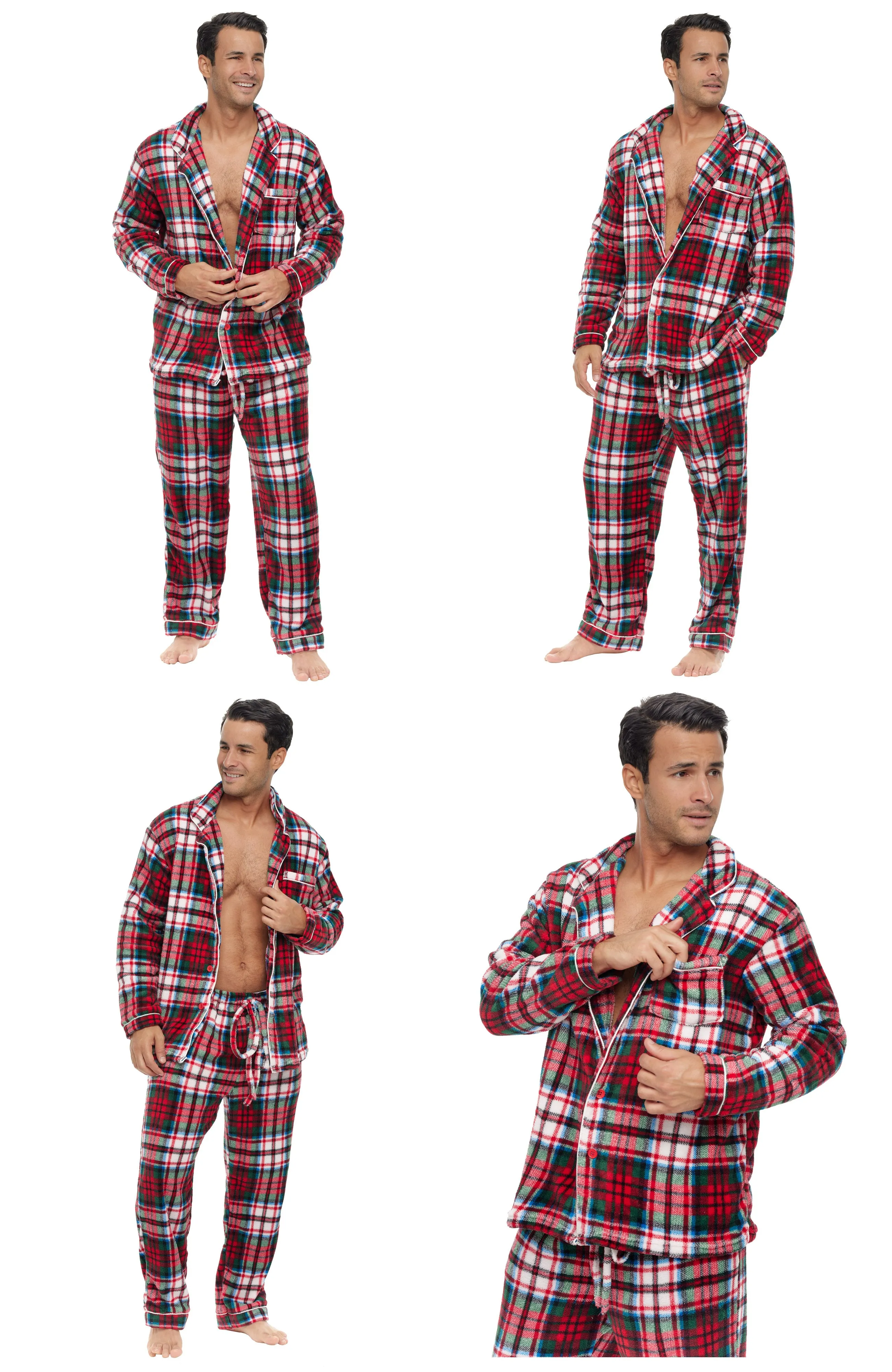 Men's Plush Fleece Pajamas Set, Button Down PJs for Winter