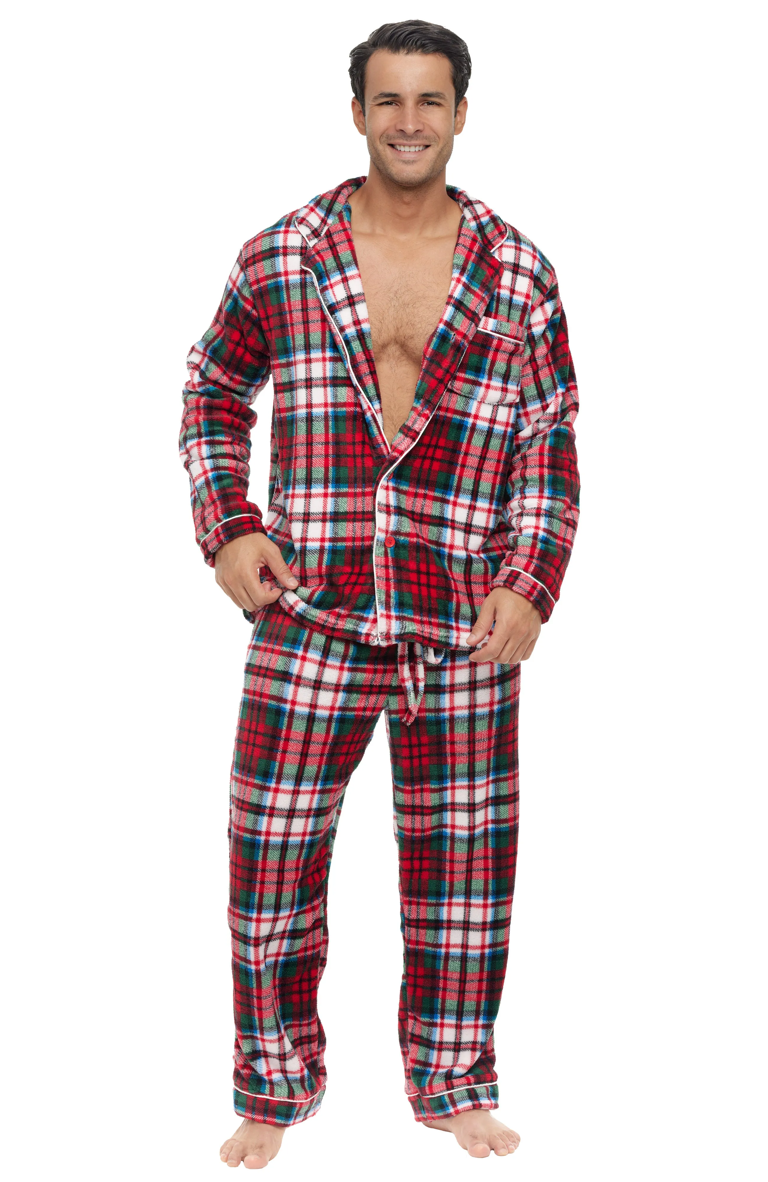 Men's Plush Fleece Pajamas Set, Button Down PJs for Winter