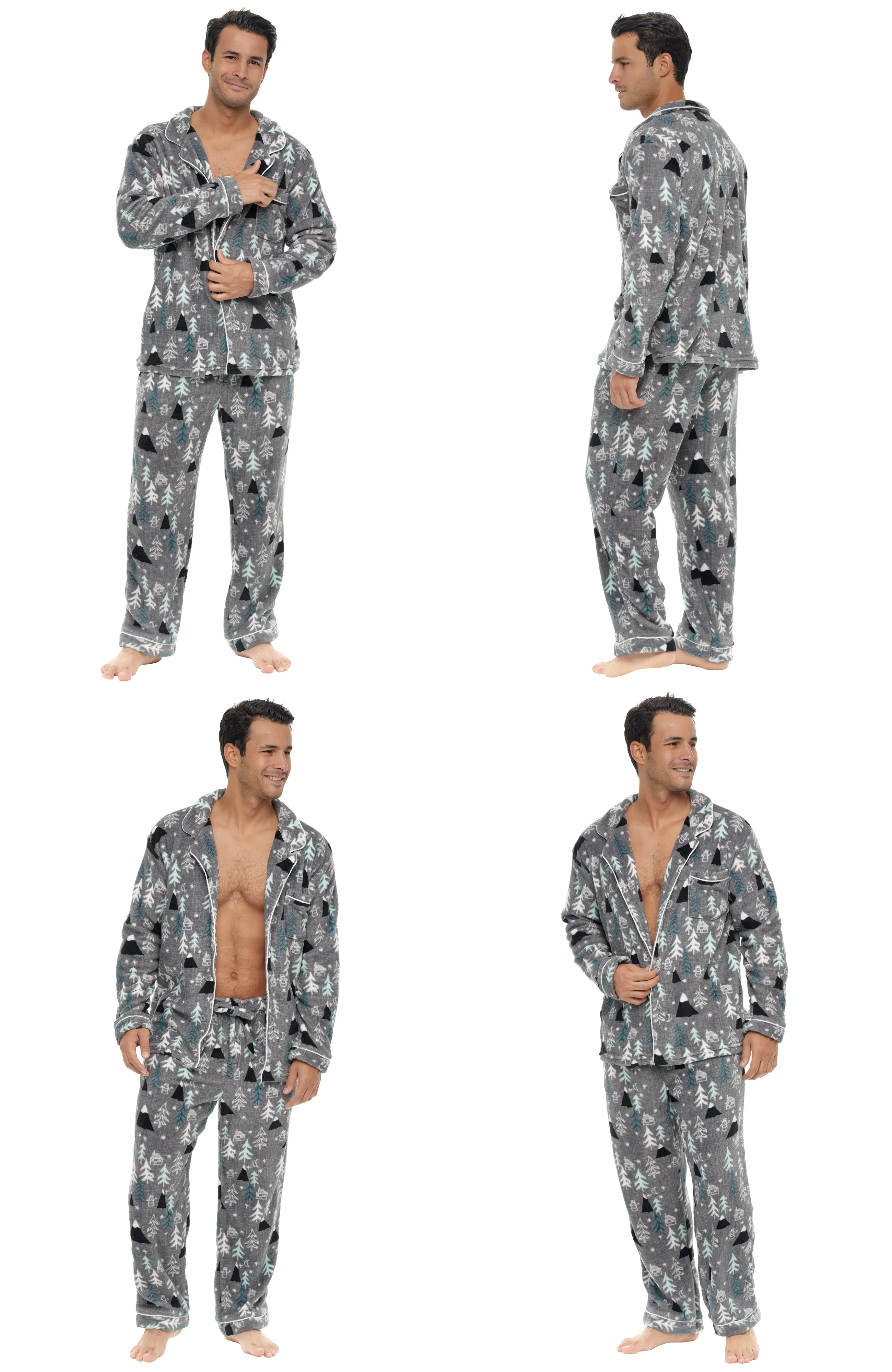 Men's Plush Fleece Pajamas Set, Button Down PJs for Winter