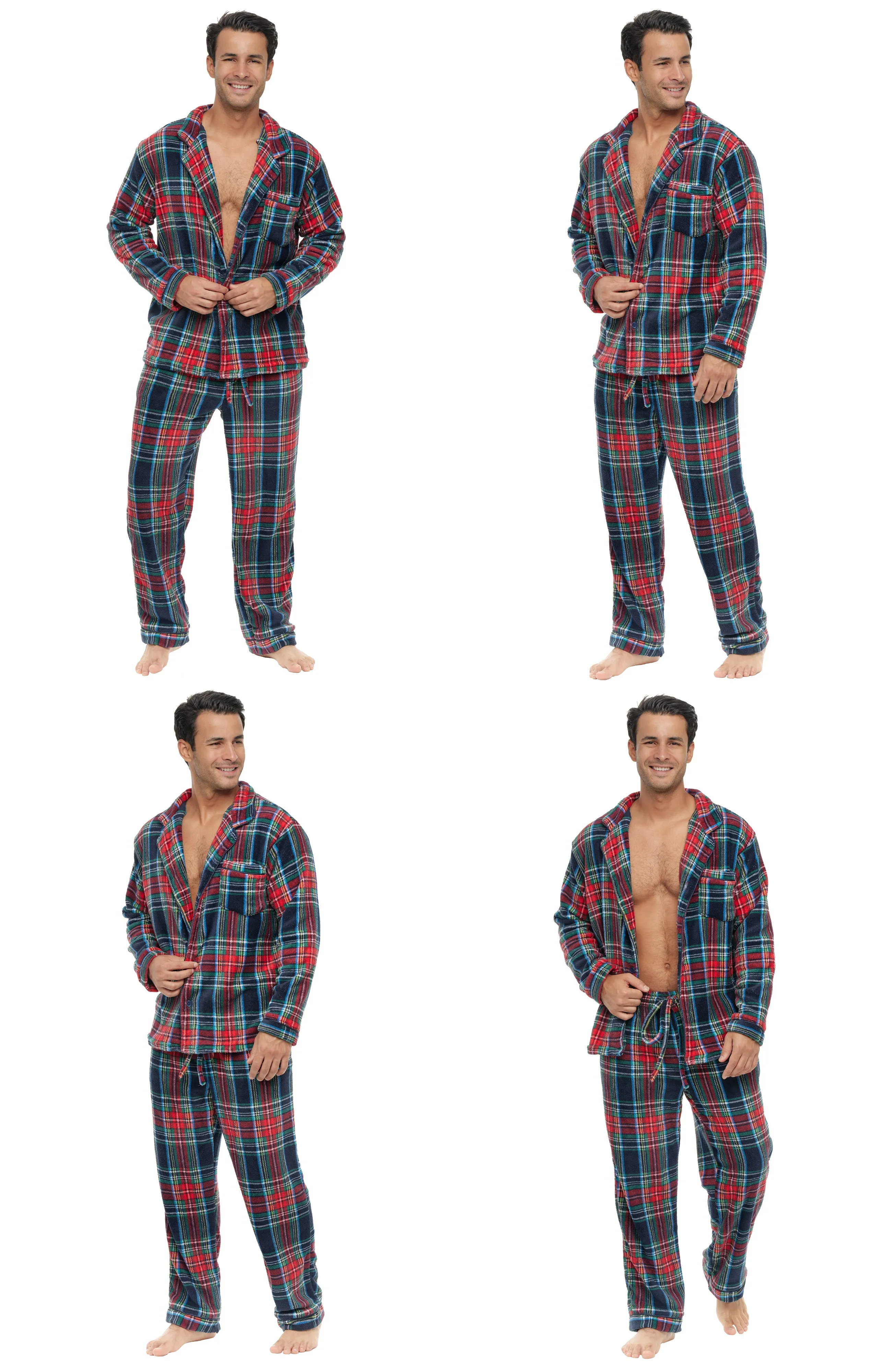 Men's Plush Fleece Pajamas Set, Button Down PJs for Winter