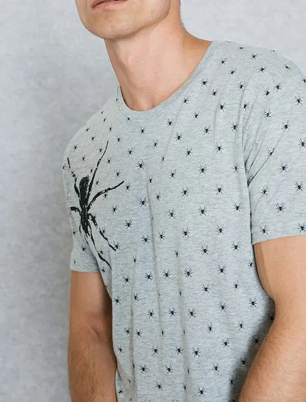 Militant Spider Print Crew Neck T-Shirt in Grey