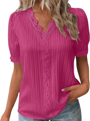 NEW Short Sleeve V Neck Casual T-Shirts Lace Trim Loose Comfy Tee Elegant Blouse Sz L, Pink