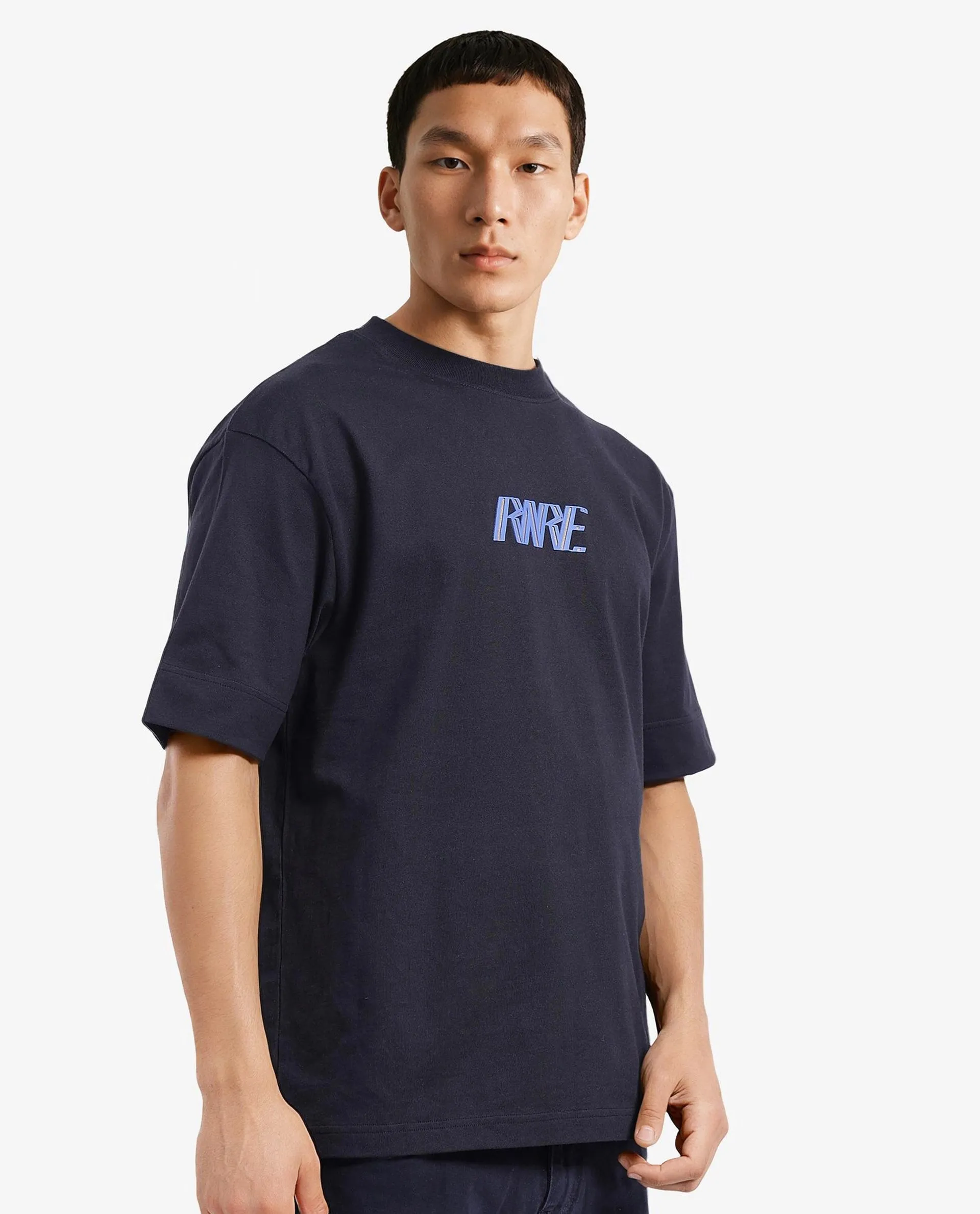 Rare Rabbit Men Harve Black Cotton Fabric Short Sleeve Crew Neck Boxy Fit Branding Print T-Shirt