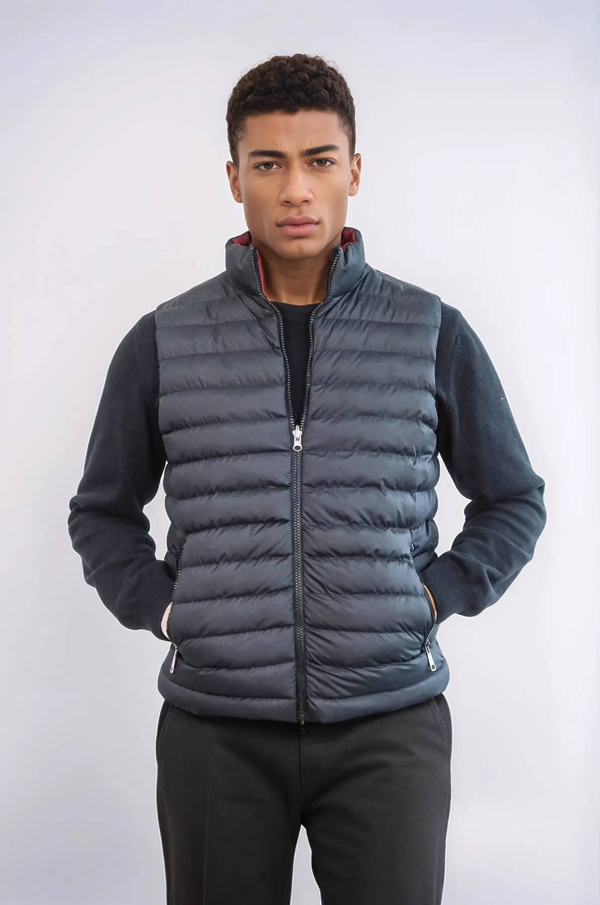 Reversible Quilted Standing Collar Black Men Down Vest - Wessi