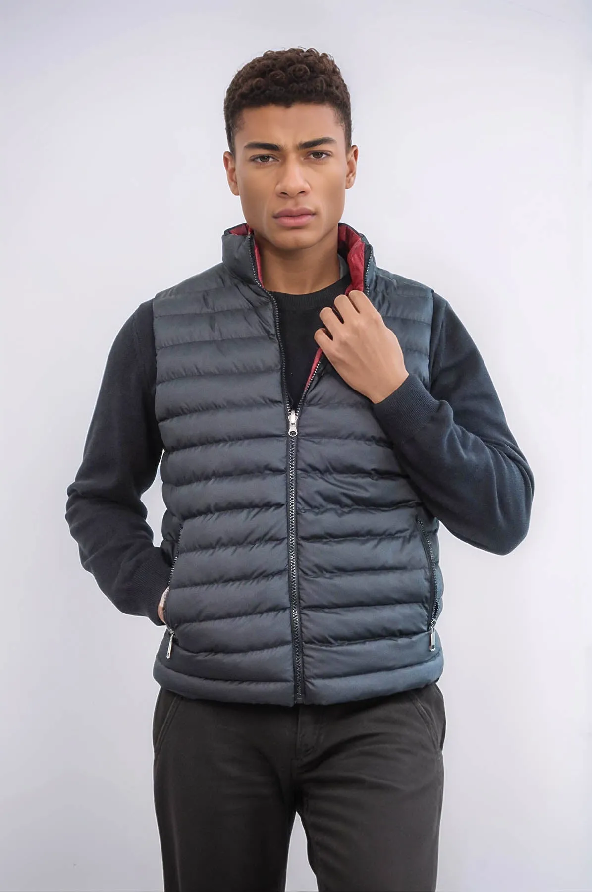 Reversible Quilted Standing Collar Black Men Down Vest - Wessi