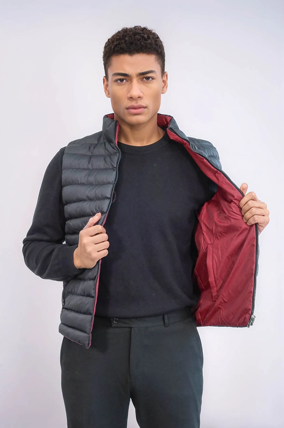 Reversible Quilted Standing Collar Black Men Down Vest - Wessi
