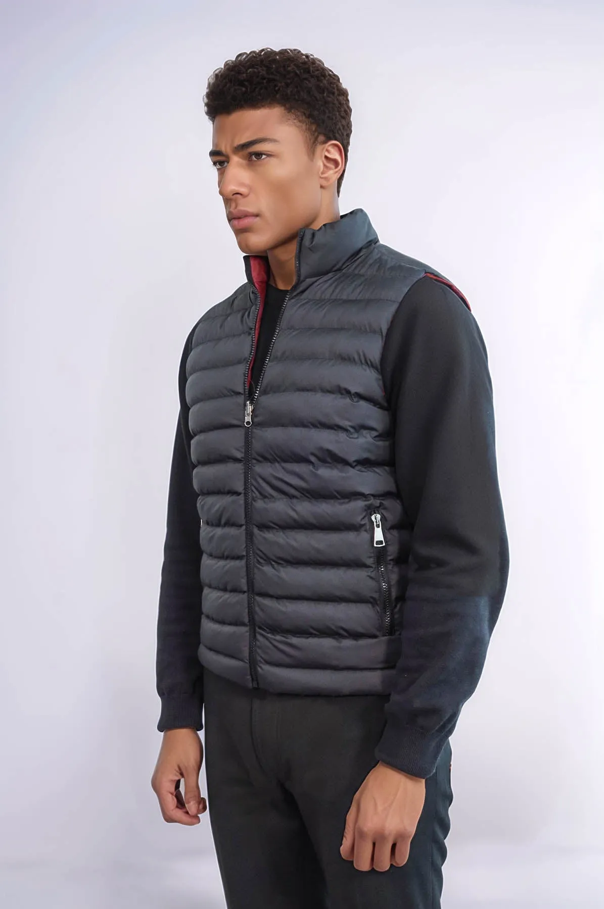 Reversible Quilted Standing Collar Black Men Down Vest - Wessi