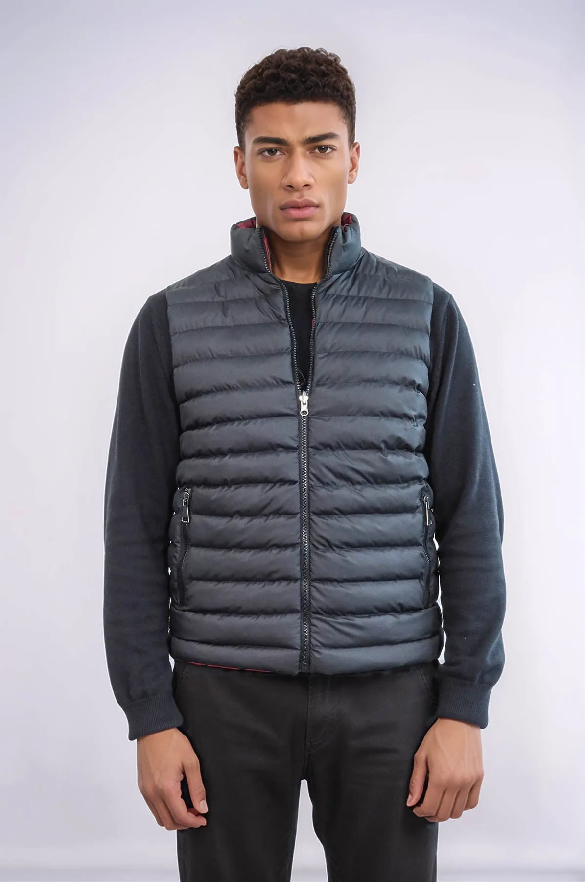 Reversible Quilted Standing Collar Black Men Down Vest - Wessi