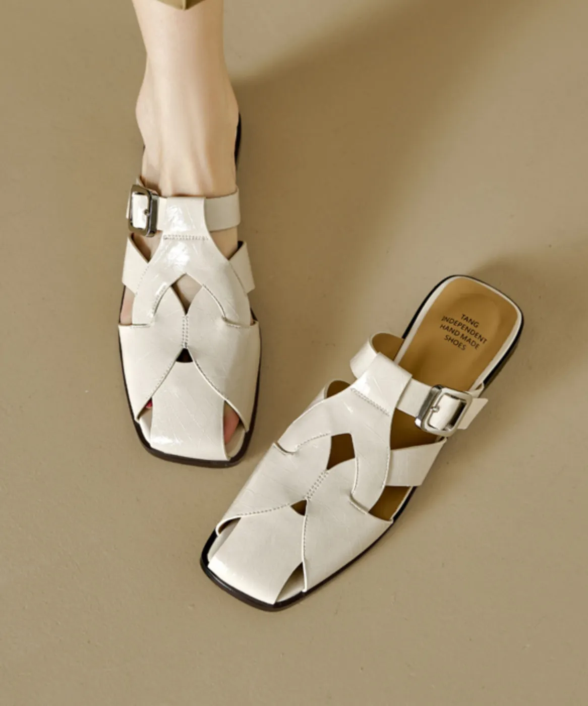 Simple Splicing Hollow Out Beige Cowhide Leather Slide Sandals WT021