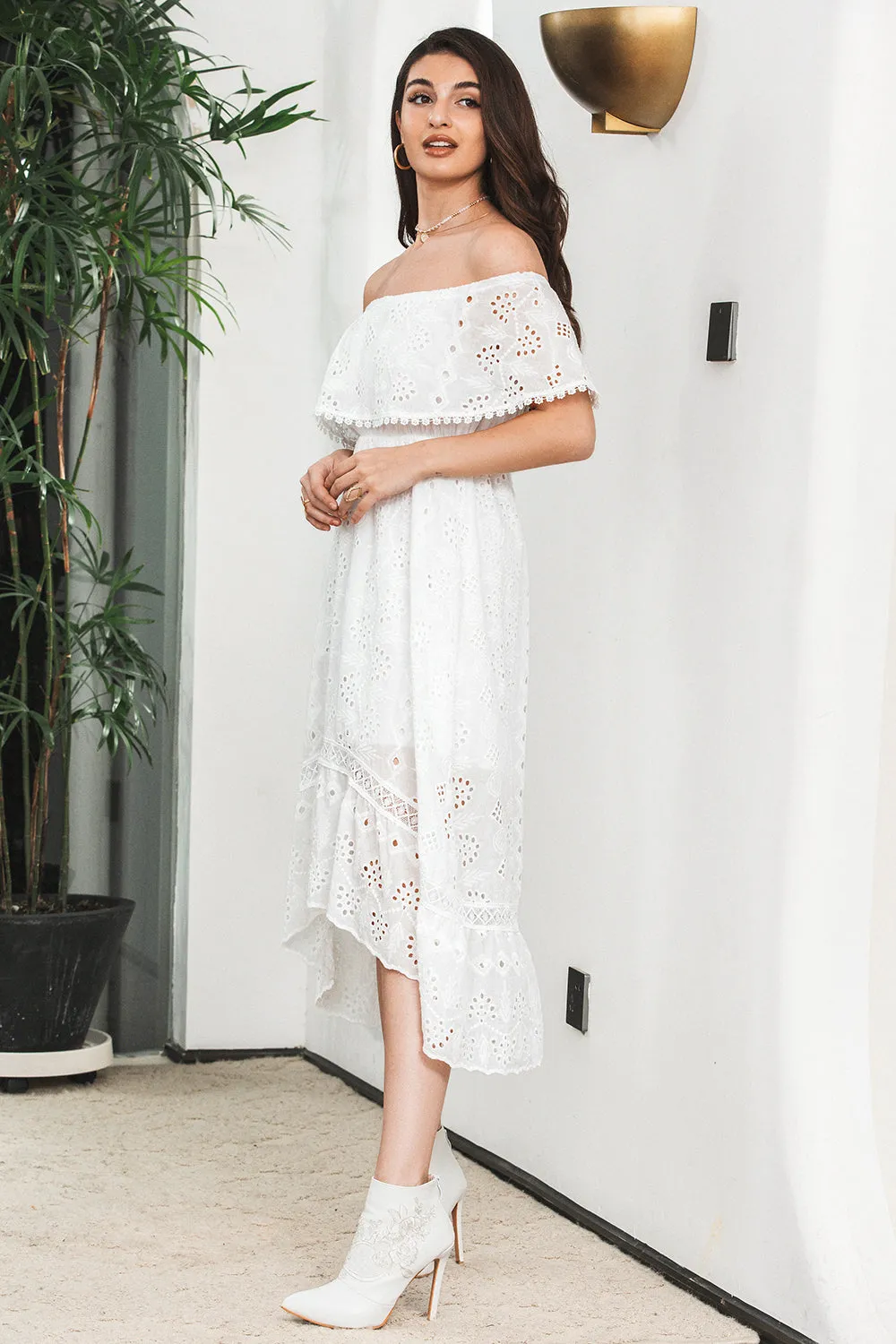 Simple White High Low Hollow Boho Asymmetrical Graduation Dress