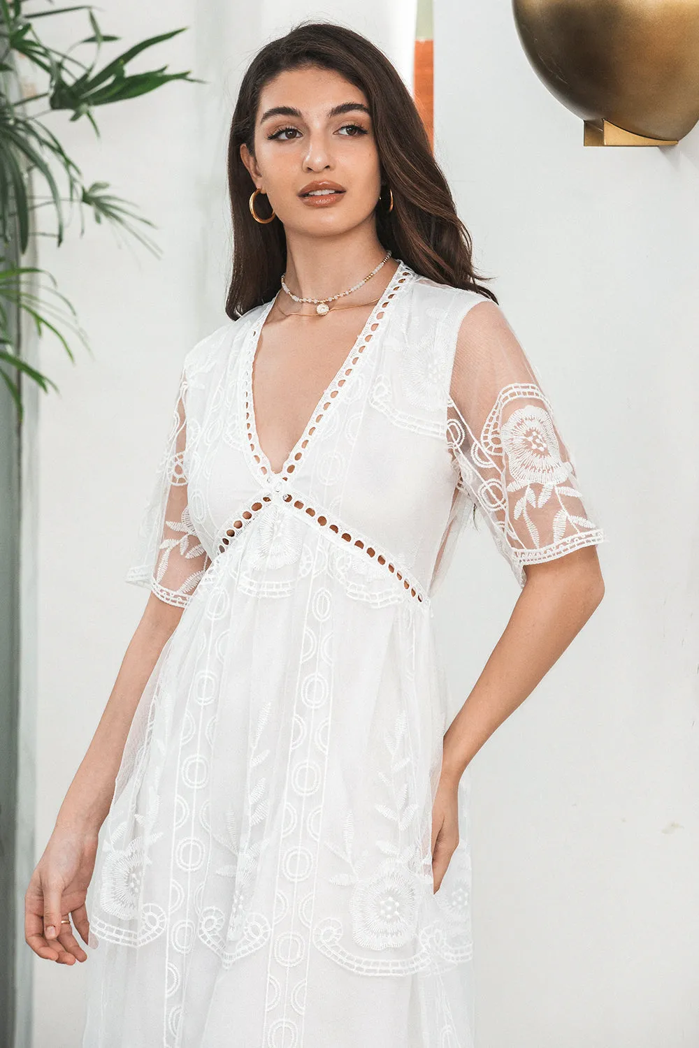 Simple White V Neck Boho Maxi Graduation Dress with Lace