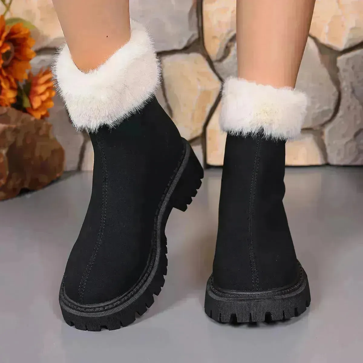 Square-heeled Snow Boots Winter Plus Velvet Platform Plush Shoes Fashion Warm Non-slip Mid-calf Boot For Women