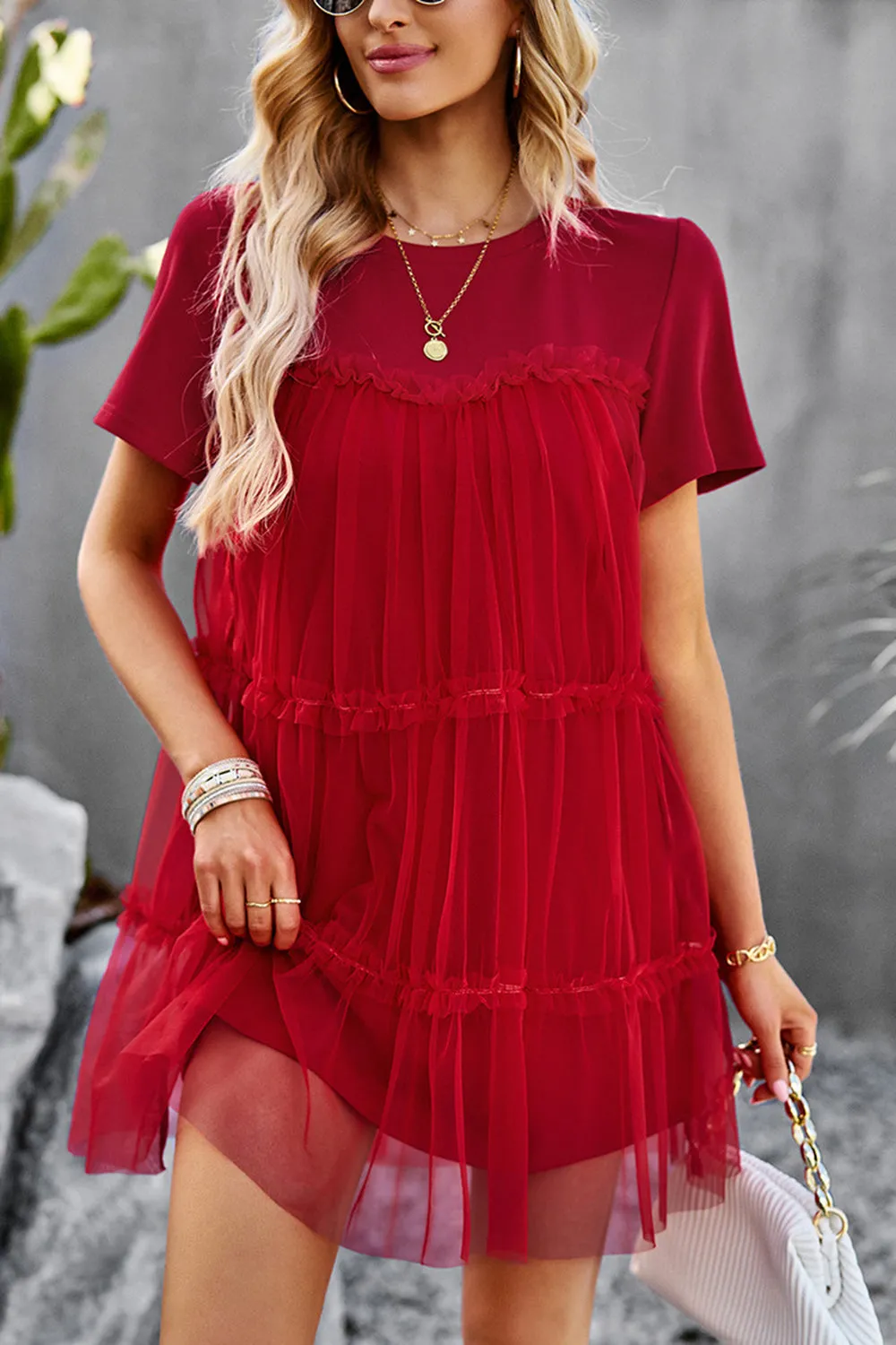 White Tulle Short Sleeves Short Casual Dress