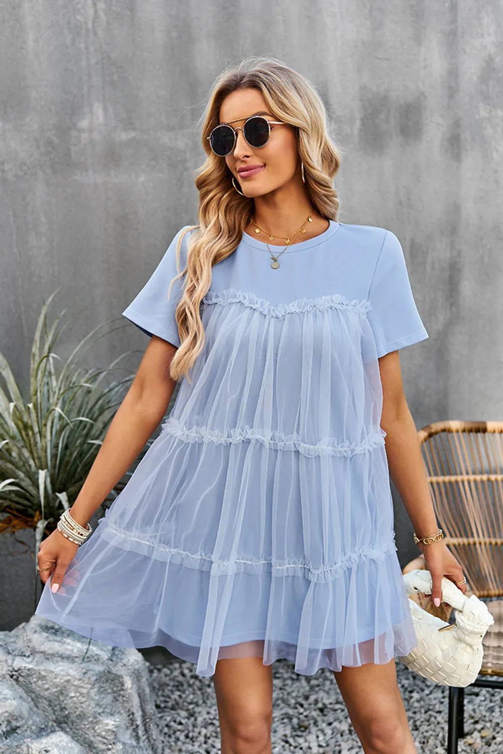 White Tulle Short Sleeves Short Casual Dress