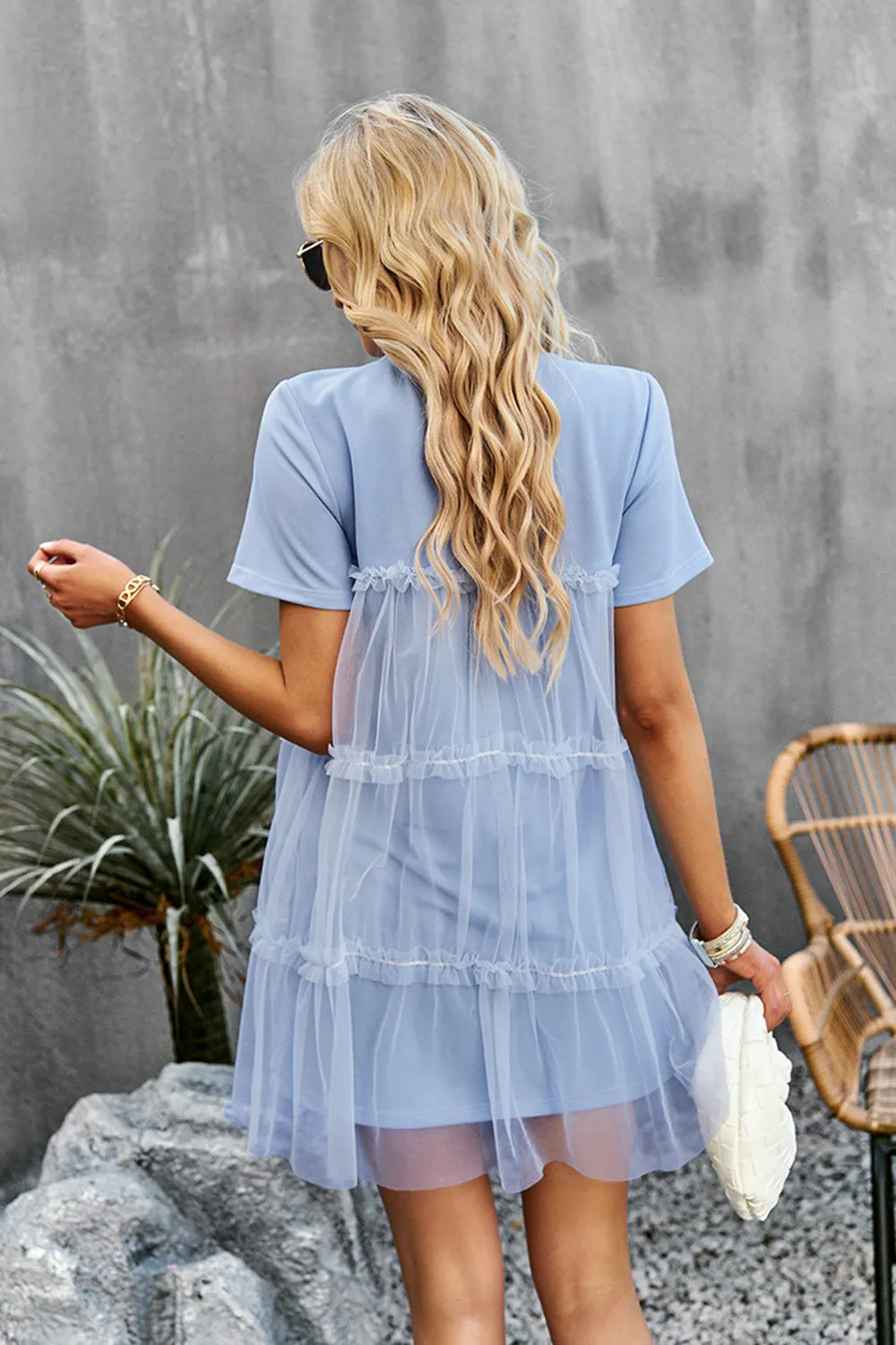 White Tulle Short Sleeves Short Casual Dress