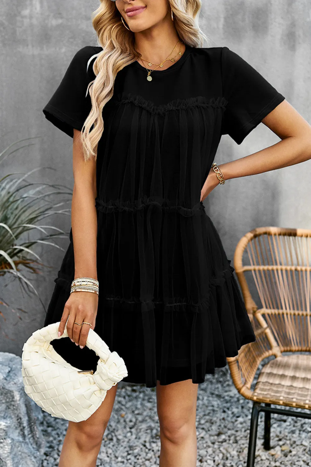 White Tulle Short Sleeves Short Casual Dress