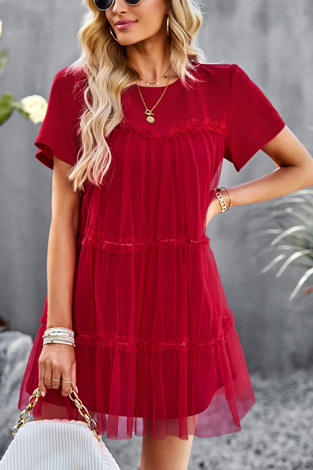 White Tulle Short Sleeves Short Casual Dress