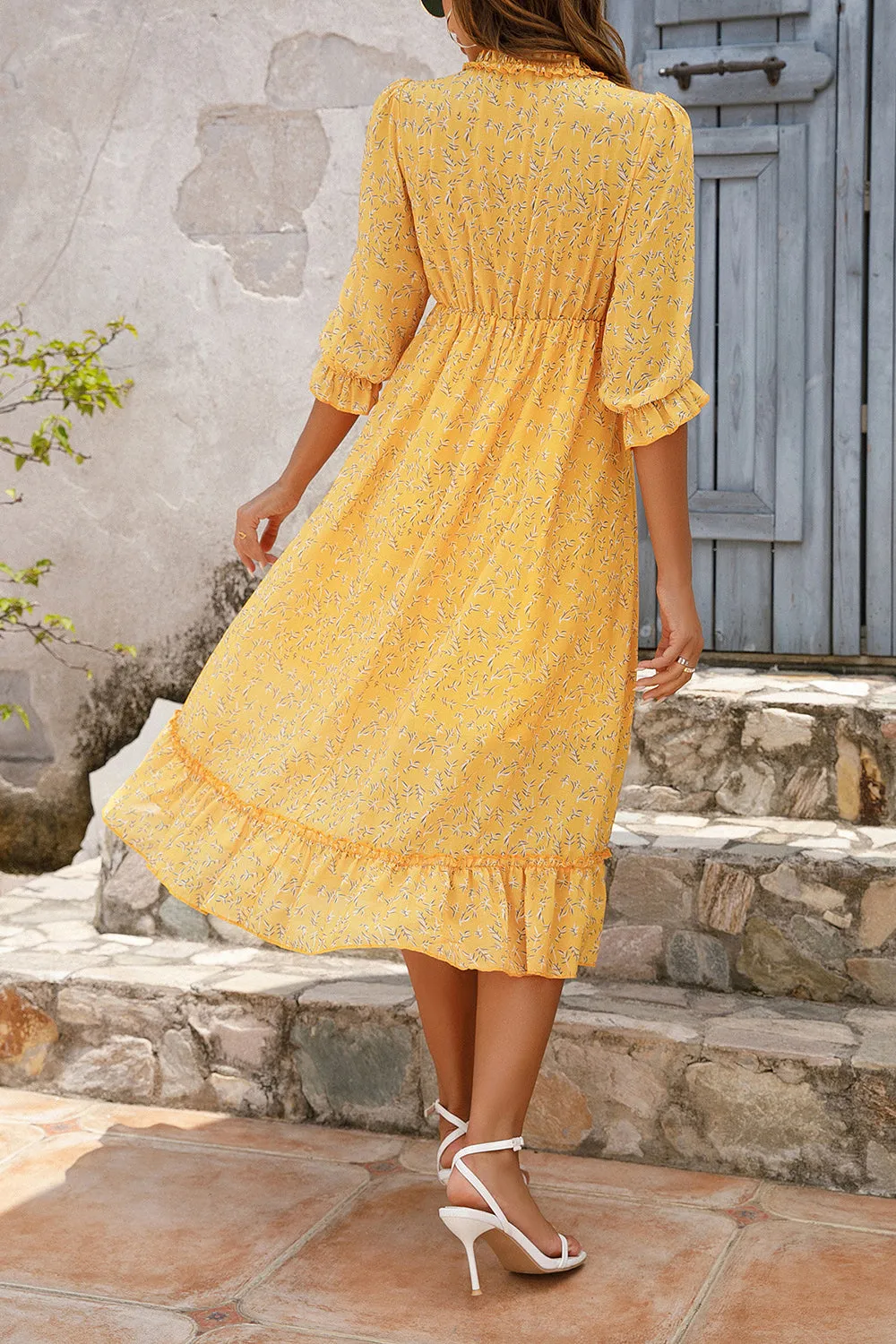 Yellow Long Sleeves Floral Boho Maxi Dress