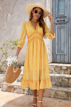 Yellow Long Sleeves Floral Boho Maxi Dress